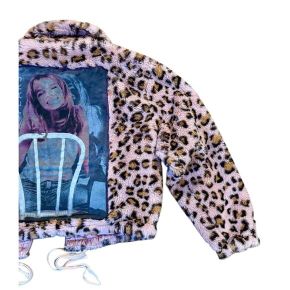 BRITNEY SPEARS 90s Y2K Leopard Faux Fur Jacket Pop Upcycled Retro Vintage Size S - Picture 11 of 13